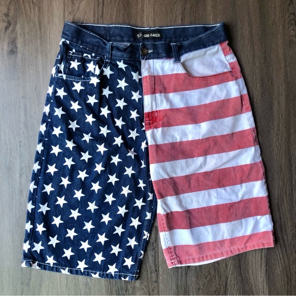 King Maker American Flag Jean Shorts Jorts Mens 36 Stars Stripes Denim Wide Leg - Picture 1 of 6